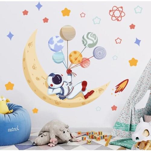 Cartoon planet balloon astronaut wall stickers for kids rooms astronaut on the moon Wall decorative vinyl decals home decor pvc