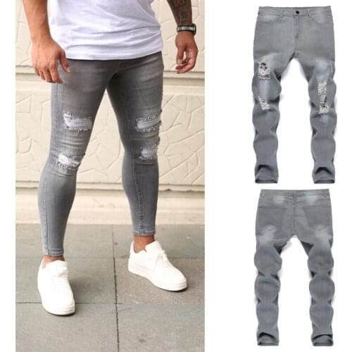 Mens Vintage Destroyed Skinny Jeans Mid Waist Slim Fit Stretch Denim Pants Casual Wild Stylish Ripped Holes Trousers