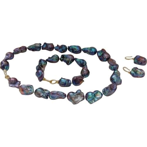 925 silver big good quality black baroque jewelry set,100% FRESHWATER Baroque PEARL,necklace,BRACELET and earring ,20-28 mm