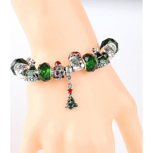 New Green Enamel Christmas Tree Charm Bracelet Silver Color Santa Bear Snowflake Beads Green Crystal Jewelry for Xmas Gift