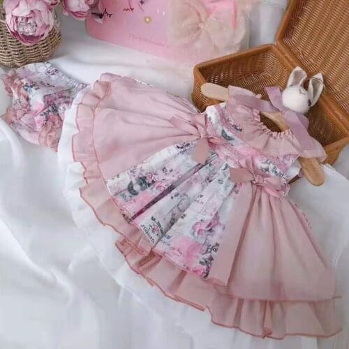 0-7Y Summer Spring Spanish Lolita Party Dress For Baby Girl Princess Sleeveless Bow Ball Gown For Children Clothes 2PCS Vintage