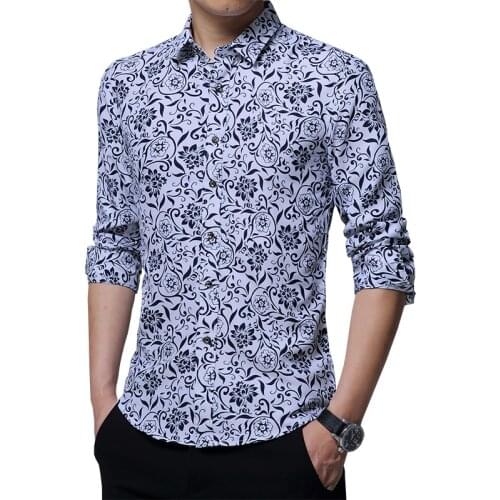 Spring Mens Shirt Floral Printing Long Sleeve Shirts Men Clothes Flowers Printed Shirts Vintage Linen Casual Male Shirt