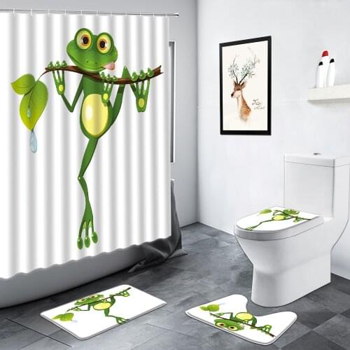 Funny Frog Green Leaf Children Bathroom Decor Cartoon Animal Shower Curtain Carpet Non-slip Mat Toilet Cover Kids Bath Mats Sets