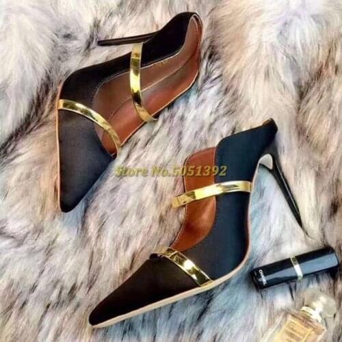 Satin Stiletto Heel Pumps Sexy Pointed Toe Slip On Open Heel Dress Women Shoes Solid Black Yellow Red Blue High Heel Pumps