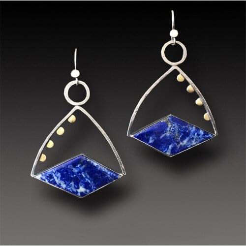 Vintage Rhombic Navy Blue Stone Dangle Earrings for Women Tribal Jewelry Handmade Metal Synthetic Lapis lazuli Hanging Earring