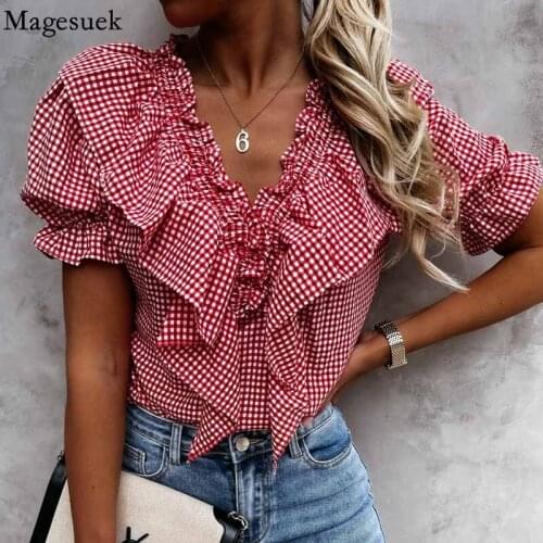 Sexy V-neck Puff Sleeve Blouse Women Tops Elegant Plaid Ruffle Blouse Women Summer 2021 Fashion Slim Shirt Blusas Femme 16583
