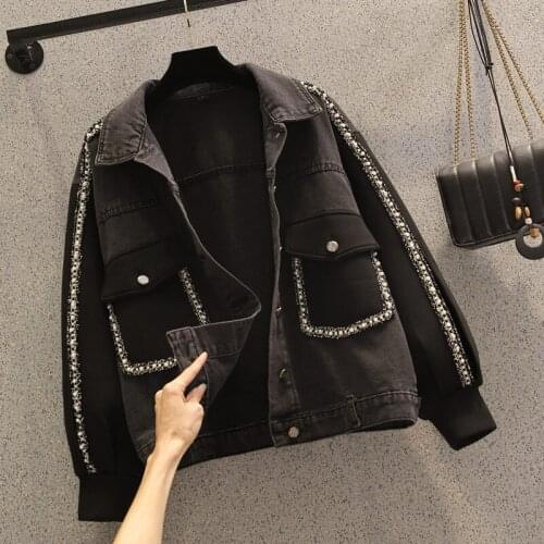 2021 New Womens Spring Autumn Large Size Dark Gray Denim Jacket Loose Big Size Single-breasted Casual Ladies Denim Coats aq1163