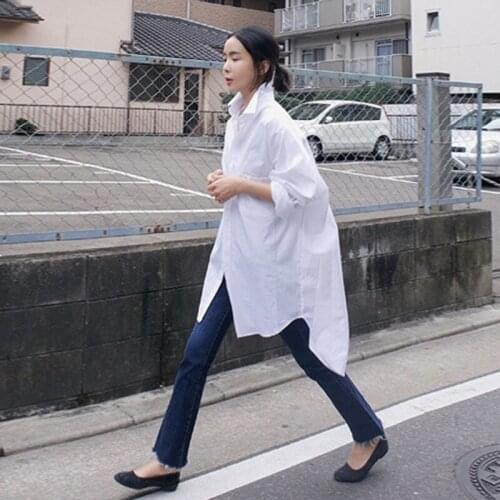 Johnature Women Clothes 2021 Autumn New Casual Korean Solid Color Womens Tops And Blouses Loose Long Irregular White Shirts