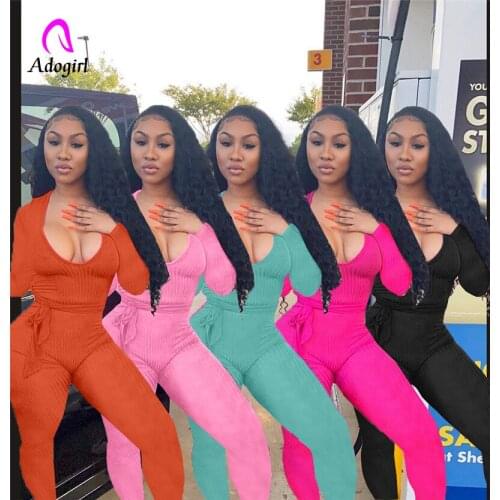 Fitness 2020 Autumn Ribbed Jumpsuit for Women Sexy Deep V Neck Long Sleeve Bandage Romper with Belt Fashion Tracksuit Clothing