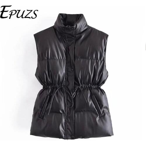 2021 winter PU Faux leather vest jacket women sleeveless thick PU coat streetwear spring winter ZA Waistcoat