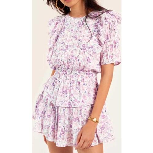 Jastie Floral Print Pintucking Details Mini Dress For Women Cotton Purple Summer Dress Tiered Ruffle Boho Dress Beach Party Cute
