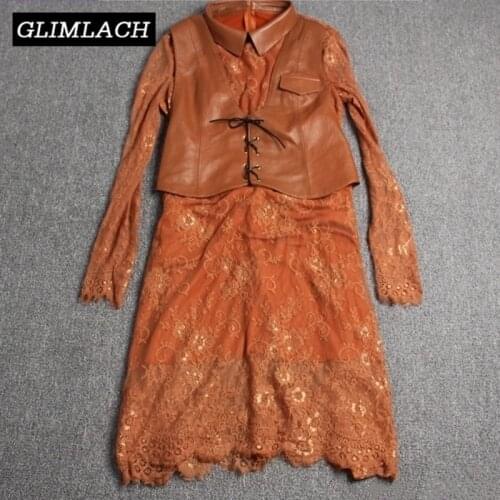 2019 New Women Real Leather Spliced Lace Dress Elegant Slim Mid Long Sheepskin Casual Dresses Fashion Party Long Sleeve Dress