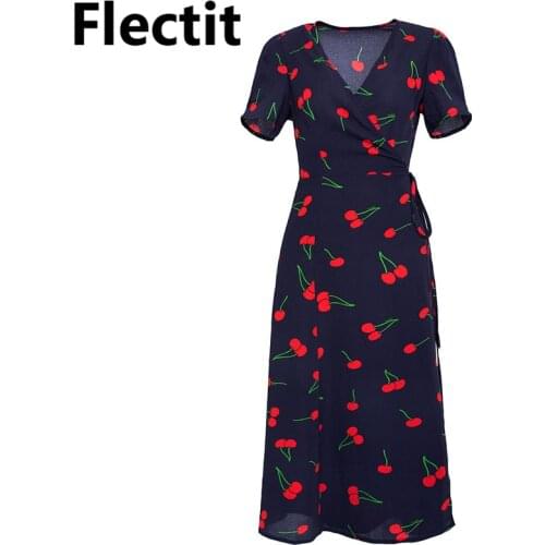 Flectit Cherry Print Midi Wrap Dress with Self Tie V-Neck Short Sleeve Chiffon Dress Womens Summer Dress Outfit
