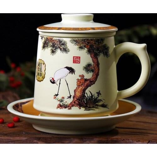 450ml Jingdezhen Ceramic Bone China Porcelain Tea Cup Energy Health Cup Mug Milk Coffee Tea Cup with Filter Lid Saucer Drinkware