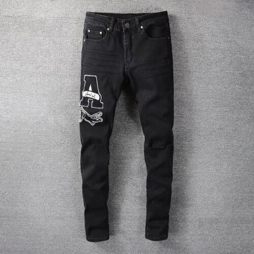 American Streetwear Fashion Men Jeans Patches Designer Elastic Cotton Slim Fit Ripped Jeans For Men Hip Hop Denim Punk Pants
