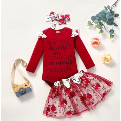 Red 3Ps Baby Girl Autumn Clothes Set Long Sleeve Bodysuit Floral Dress Overalls Headband Outfits Toddler Newborn Infant Clothing