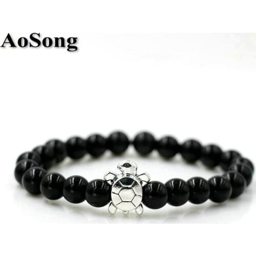 BPPCCR Natural Black onyx Lava stone 8mm with Alloy Sea turtle Tortoise Men Chakra Yoga Bracelet Animal Luxury Jewelry