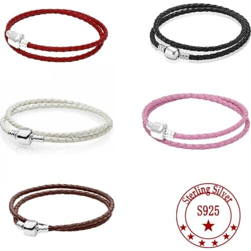 S925 Sterling Silver Leather Ball Circular Clasp Snake Chain Bracelet Bangle Fit Panodra Rope Fashion Bead Charm Trendy Jewelry