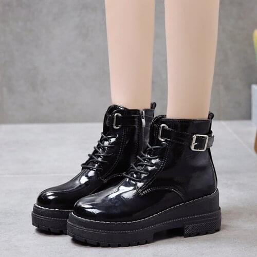 Black Short Boots Platform Patent Leather Lace Up Boots Women Autumn Winter Fashion Buckle Wedge Boots Cool Punk Woman Shoes