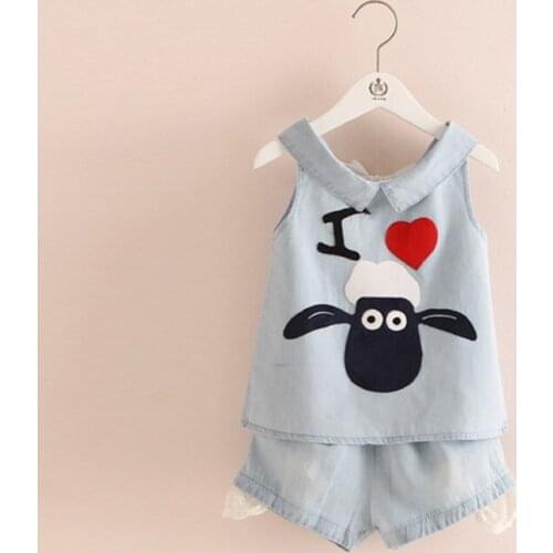 2019 children summer new clothing suit Girls casual cartoon embroidery denim Vest + Shorts clothes set 3-8 years