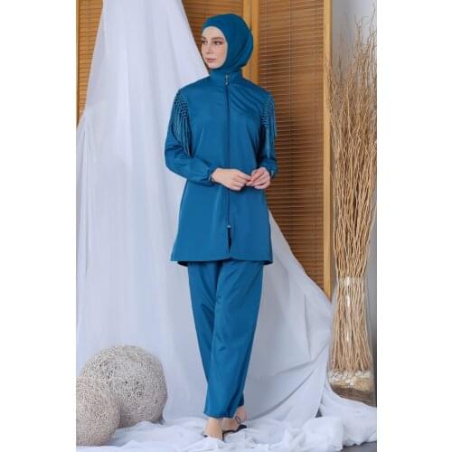 Womens Long Sleeve Shoulder Detail Pants Hijab Swimwear 20204 Oil