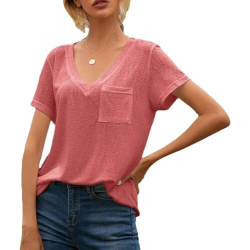 Womens V-Neck Pocket Casual Short-Sleeved T-Shirt 2021 Summer New Top Women Fashion Loose Solid Color Office Lady Tshirts Femme