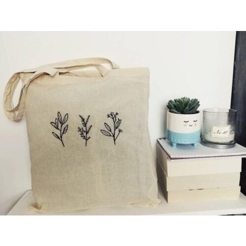 Wildflowers Embroidered Canvas Tote bag-Plants Wildflowers Flower Stem Tote Minimalist Tote Shopping Bag Tote shopping bag