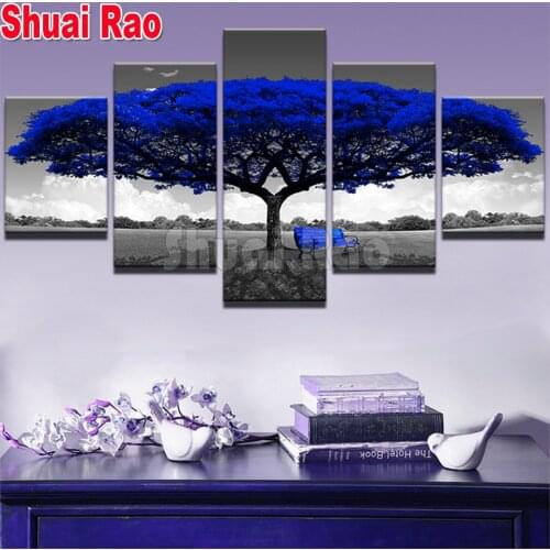 5 Pieces Blue Big Tree Diamond Painting,5D Diamond Embroidery Mosaic Blue Chair Pictures Full Square/Round Diamond Art