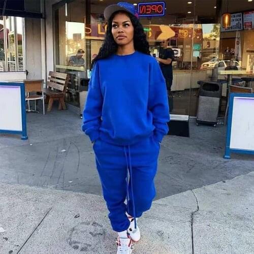 Women 2 Piece Set Casual Pullover Sweat Suits Tracksuits Winter Clothes Solid Thick Warm Jogging Sweatshirts and Sweatpants Set