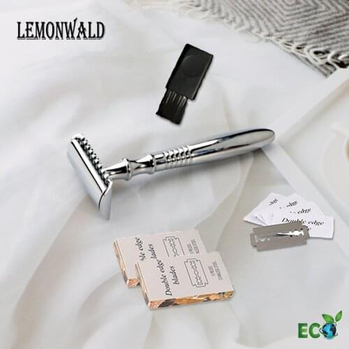 LEMONWALD Quality Metal Men Razor Double Edge Eco Safety Razor Long Handle Wet Shaving Kit with 5 Platinum Blades