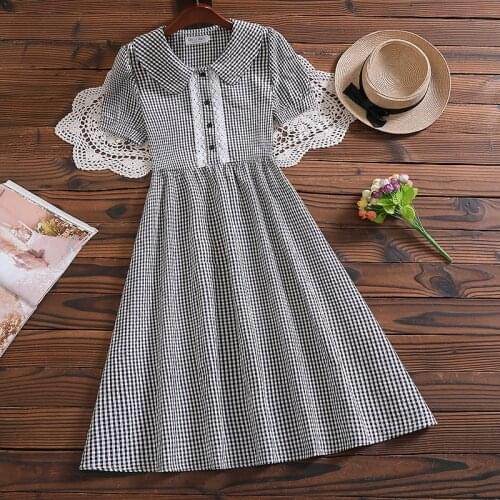 Summer fashion mori girl sweet dress Japanese style short sleeve plaid dress