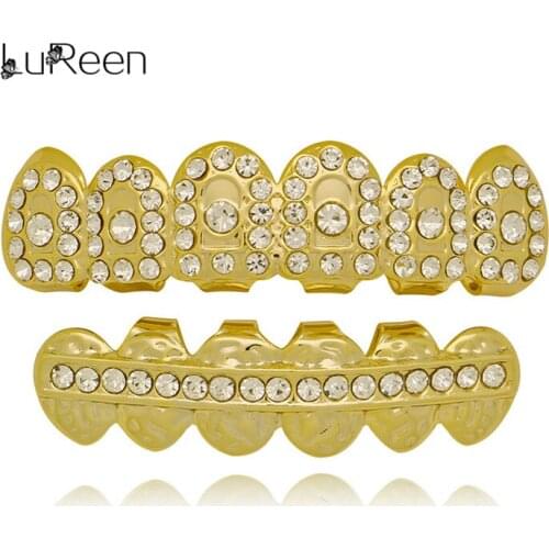 LuReen Hip Hop Gold Silver Color Grills For Women Men Teeth Top Bottom Iced Out Dental Grillz Set Tooth Caps Party Jewelry Gift