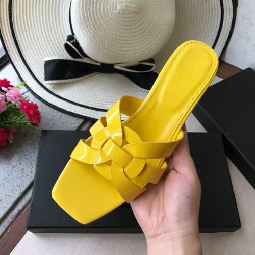 Fashion natural Leather Chunky Heel Slippers Womens Summer Woven All-match High-Heeled Shoes Sandals Large Size Slipper