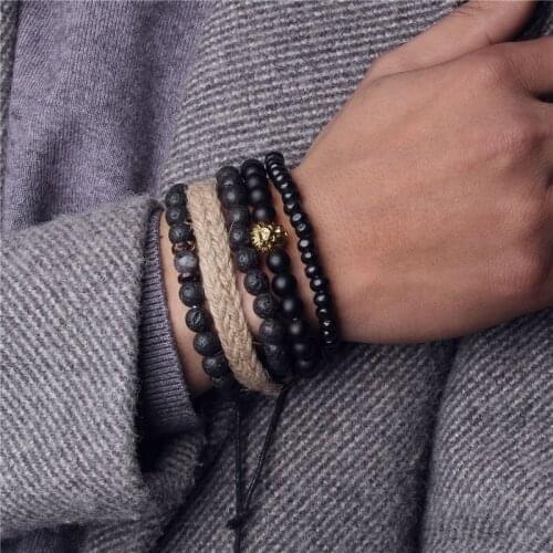 Handmade Multilayer Men Beaded Bracelet Vintage Bracelet Adjustable Hemp Rope Bracelet Natural Lava Stone Bracelet Bangles