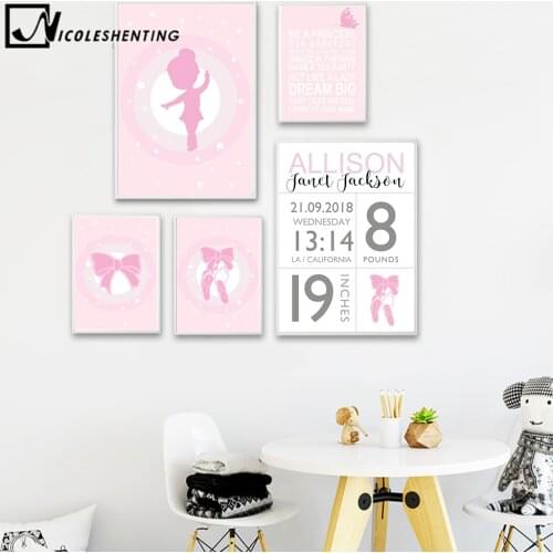 NICOLESHENTING Baby Birth Stats Custom Poster Cartoon Pink Nursery Canvas Art Print Painting Wall Picture Girls Room Decoration