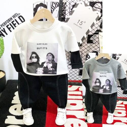2019 Autumn New Baby Boy Fashion T Shirt Kids Boys Fake Two Pieces Pullovers Top Tees Toddler Outfits Tracksuits Boys Casual Set
