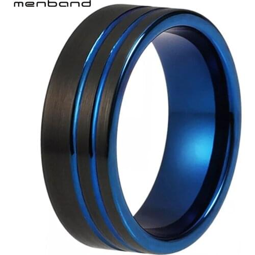 Men Women Wedding Band Black Blue Tungsten Carbide Ring With 2 Offset Grooves And Brush Finish 6MM 8MM Comfort Fit