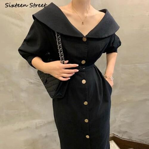 Single-breasted Vintage Dress for Woman Puff Sleeve Black White Chic Long Party Dresses Vestido Female Fall Elegant Button