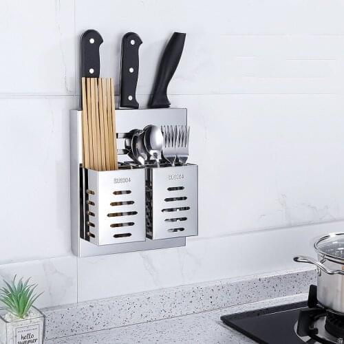 Silver 304 Stainless Steel Wall Mounted Hanging Kitchen Knives Holder with 2 Pcs Cutlery Storage Rack Tools Organizer Container