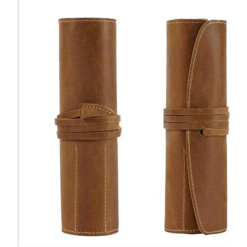 Top Quality Vintage leather Cowhide Pencil Case Multifunctional Roll Pen Bag First layer Cowhide Pencil Case