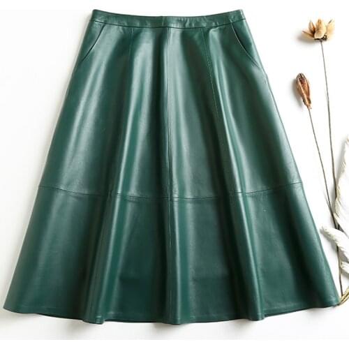 Vintage Ropa Winter Women Genuine Leather Thin A-line Pleated Skirts Femme Wine Red/Black 65cm Long Jupe Mujer Casual Etek Steet