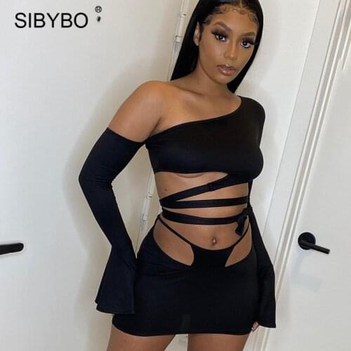 Sibybo Sexy 2 Piece Skirt Set Outfits For Women Cut Out Crop Tops And Lace Up Mini Skirts Suit Femme Summer Casual Clothing 2021