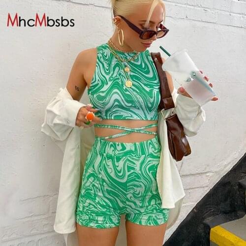 Green Sleeveless Sexy Crop Top Women Tie Dye Printed Vintage Y2k Tank Tops+Shorts Two Piece Set 2021 Summer Fashion Streetwear
