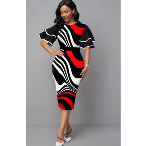 2021 Womens Color Block Flare Sleeve Round Neck Summer Dress