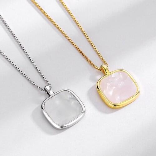 Binmonray 925 Sterling Silver New Simple Style Niche Design Square Natural Fritillaria Necklace Women Pendant Necklace Jewelry