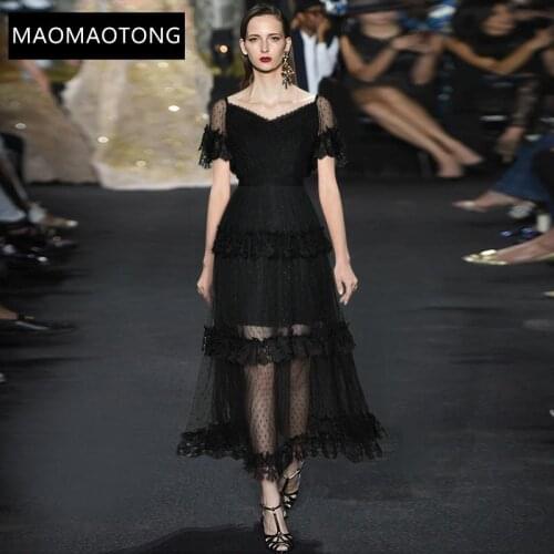 New 2021Fashion Runway Summer Sexy Black Dress Women V-neck Backless Mesh Dots Print Lace Patchwork Elegant Party Dress