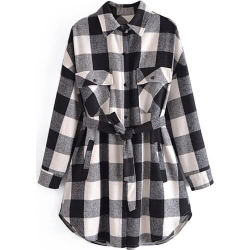 MESTTRAF Women 2021 Fashion Lattice With Belt Loose Coat Vintage Long Sleeve Double Pocket Female Outerwear Streetwear