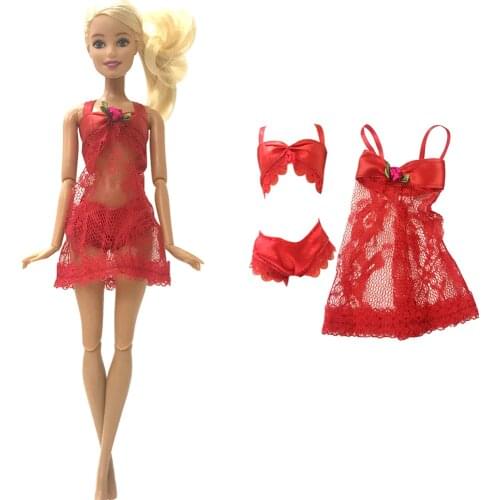 1 Set Doll Dress Red Sexy Pajamas Lingerie Nightwear Lace Long Coat Night Wear + Bra + Underwear Clothes For Barbie Doll