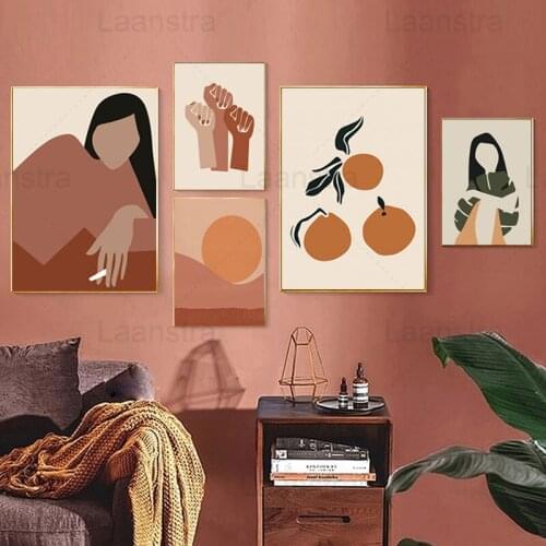 Terracotta Color Abstract Painting Girl Living Alone Life Home Decoration Painting Orange Sun and Mountain Living Room Canvas