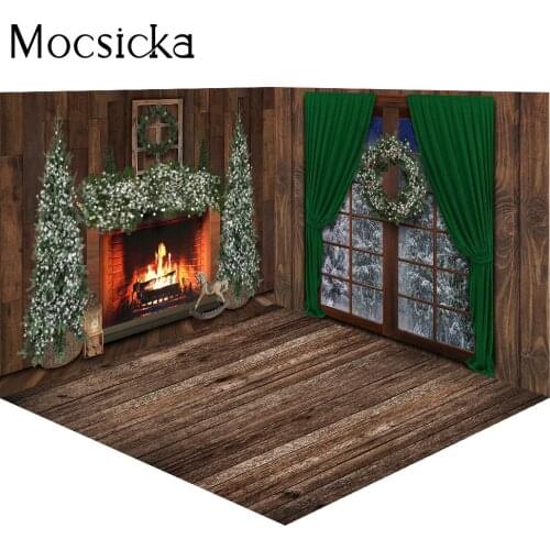 Christmas Fireplace Room Background Decorations Winter Rustic Window Family Party Backdrop Green Wreath Xmas Trees Photo Shoot